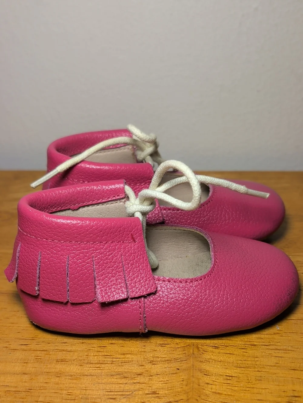 Monkey Feet Pink Leather Moccasins with Fringe White Laces Girls Size 12-18M